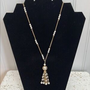 Gold and White Tassel Necklace with Pearl Accent